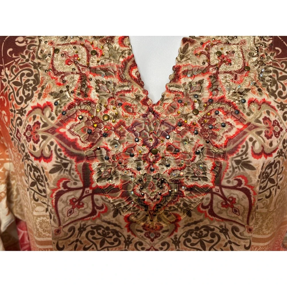 CATHERINES Orange Paisley Embellished V-Neck Tunic Top 2X Boho-Chic Art-to-Wear